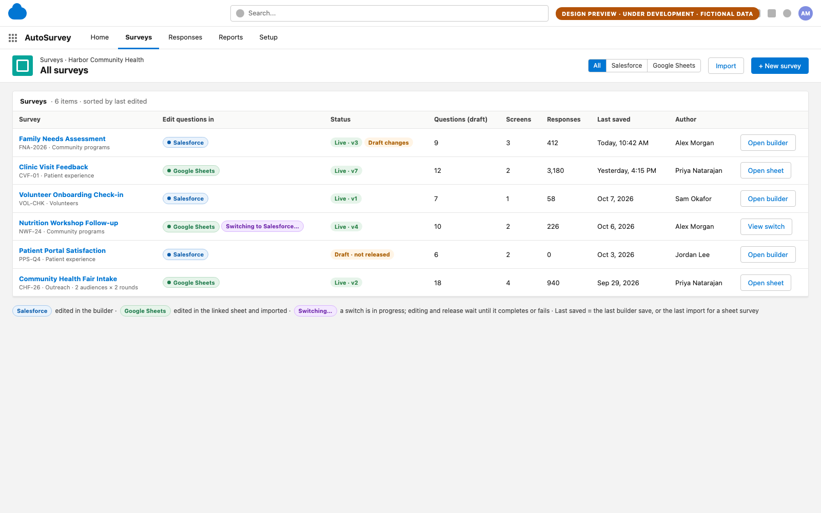 Design screen of the AutoSurvey survey list in Salesforce Lightning style: a column 