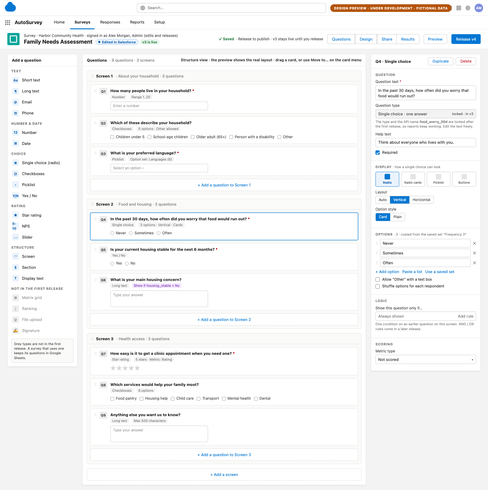 Design screen of the native question builder: a palette of question types on the left, a canvas of three screens with nine question cards in the middle, and a properties panel for the selected single-choice question on the right. Illustrative data, fictional organization.