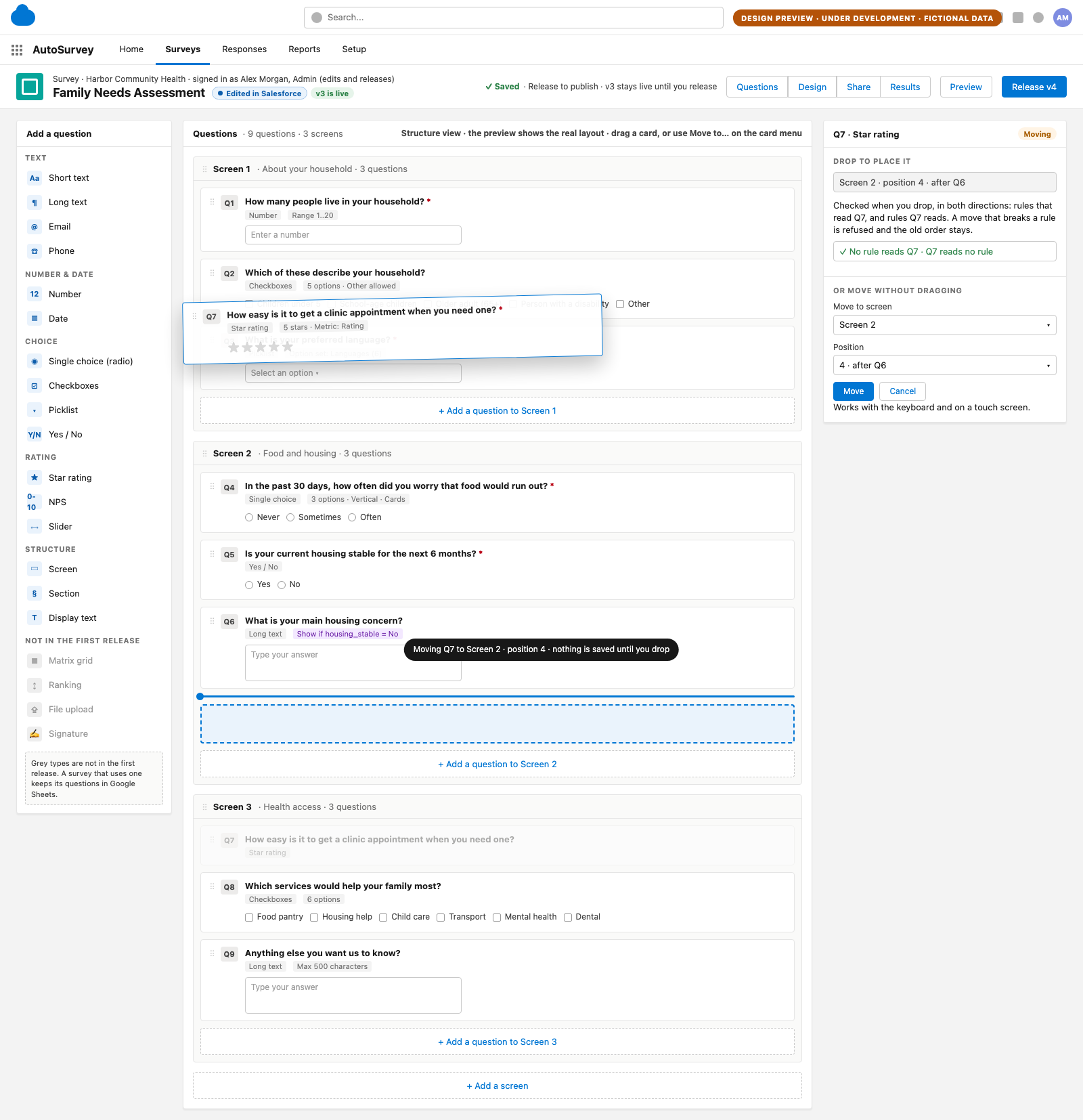 Design screen of a drag in progress: a ghost card for question 7 over a drop line in screen 2, a hint naming the target position, and a properties panel with a Move to screen and position form. Illustrative data, fictional organization.