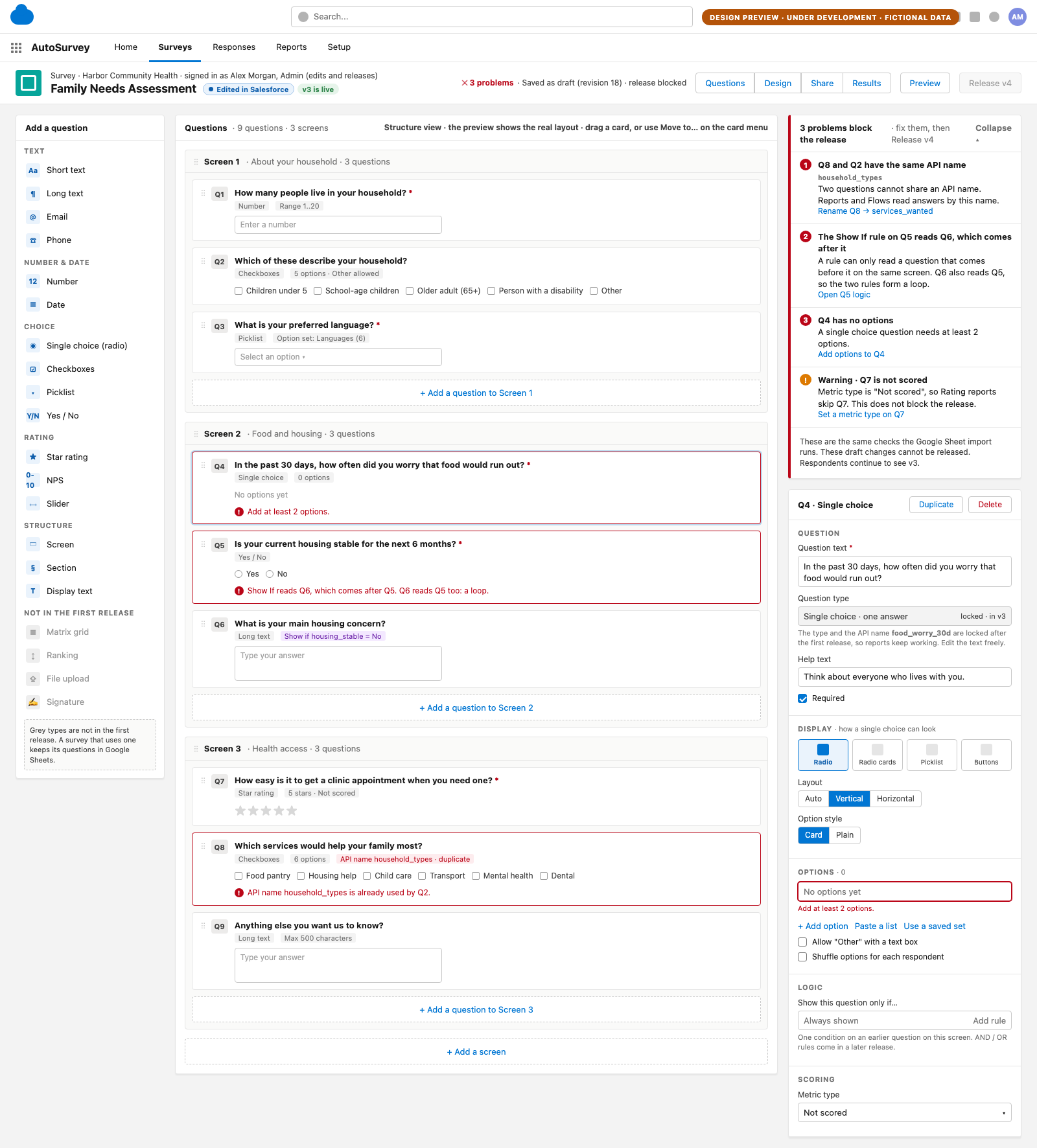 Design screen of the problems panel: three problems that block the release with a fix link each, one warning, the same errors inline on the question cards, and a disabled Release button. Illustrative data, fictional organization.