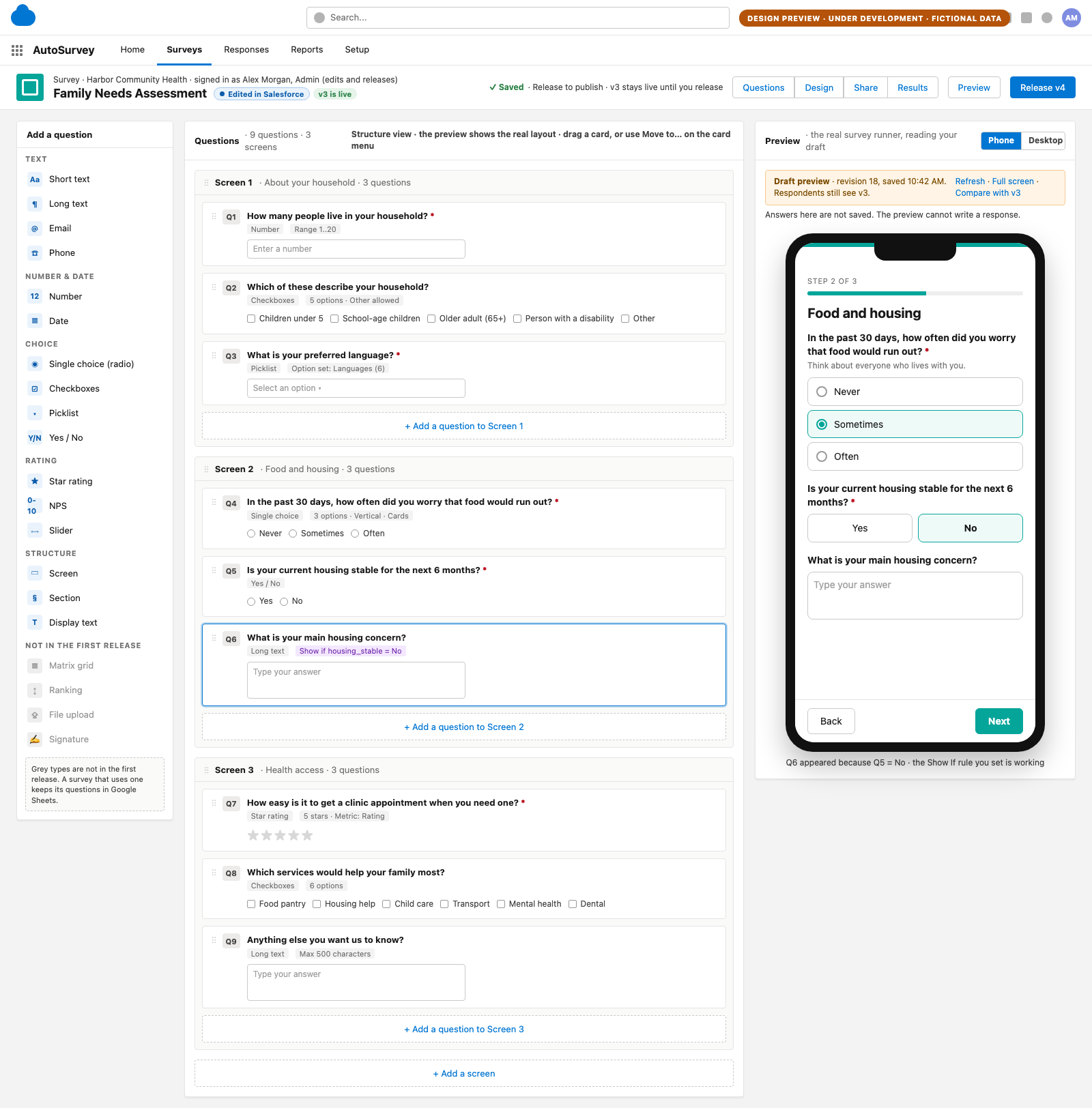 Design screen of the live preview: the canvas on the left and a phone frame on the right running the draft survey, showing a follow-up question that appeared because of a Show If rule. Illustrative data, fictional organization.