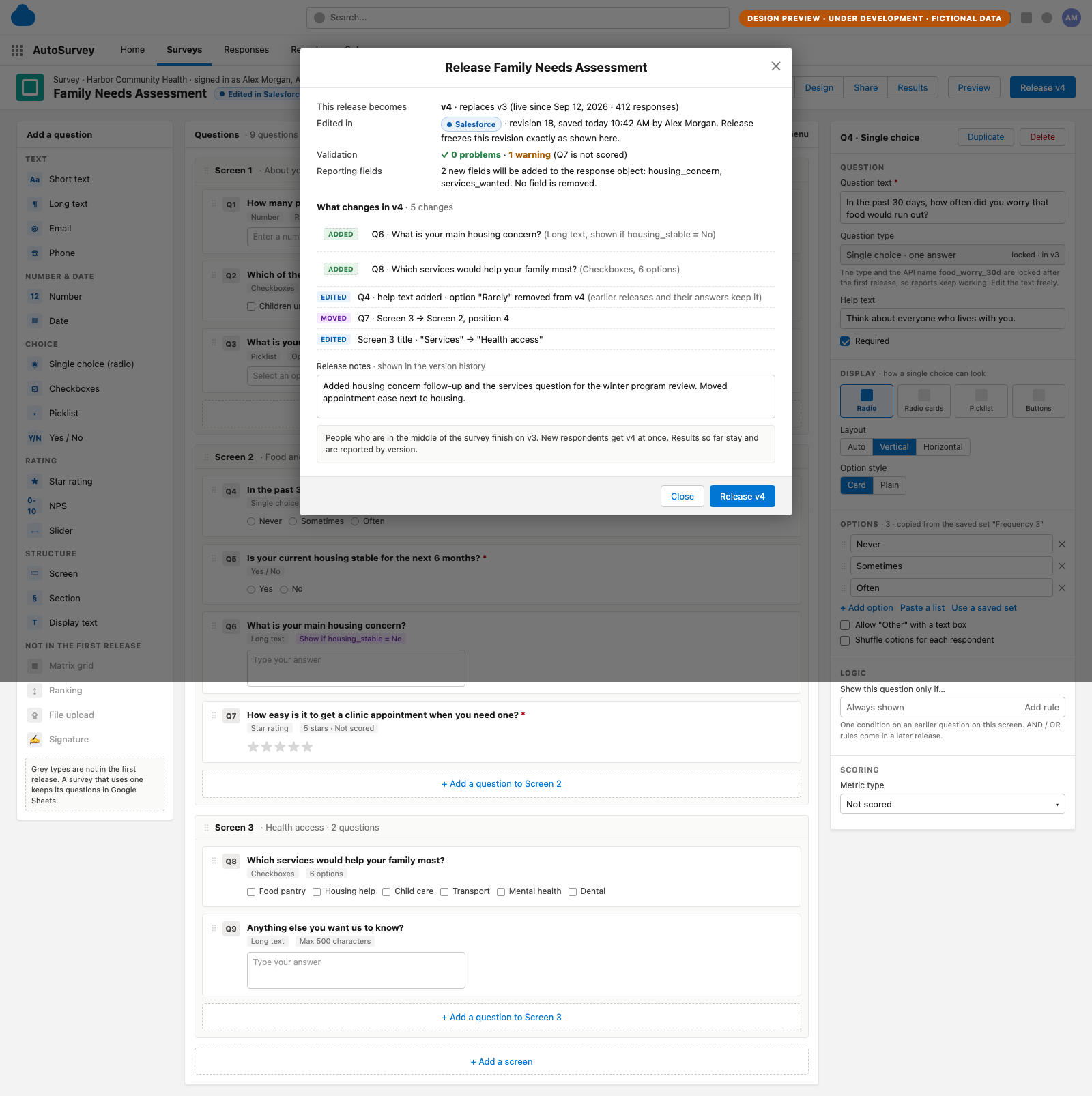 Design screen of the release dialog: the draft revision and who saved it, validation with one warning, two new reporting fields, a list of five changes, release notes, and Close and Release buttons. Illustrative data, fictional organization.