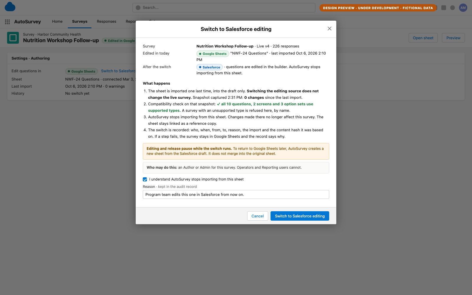 Design screen of the Switch to Salesforce editing dialog: today and after rows, four steps including a final import into the draft and a compatibility check, a note that editing pauses during the switch, who may do it, a confirmation checkbox and a reason field. Illustrative data, fictional organization.