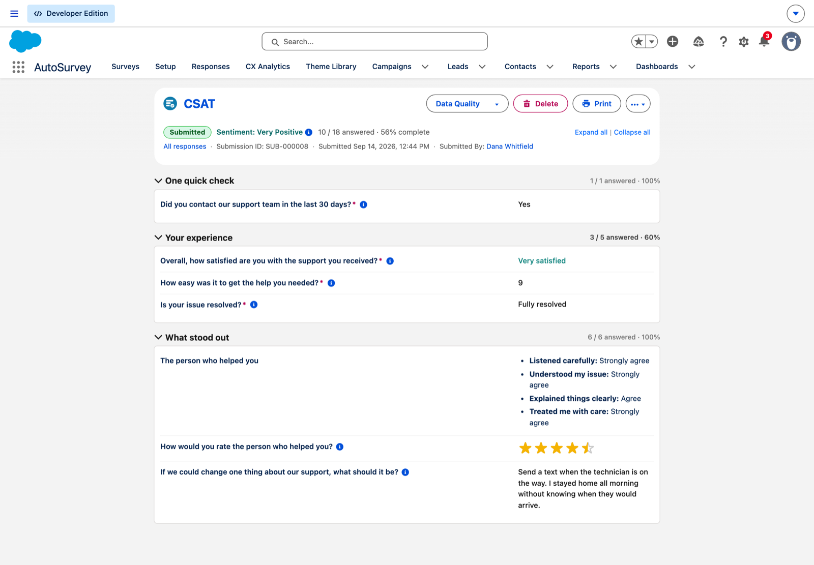 A Survey Submission record in Salesforce for the CSAT demo: Submitted, sentiment Very Positive, 10 of 18 answered, with the answers Yes, Very satisfied, 9, Fully resolved, a rating grid and a free-text suggestion.