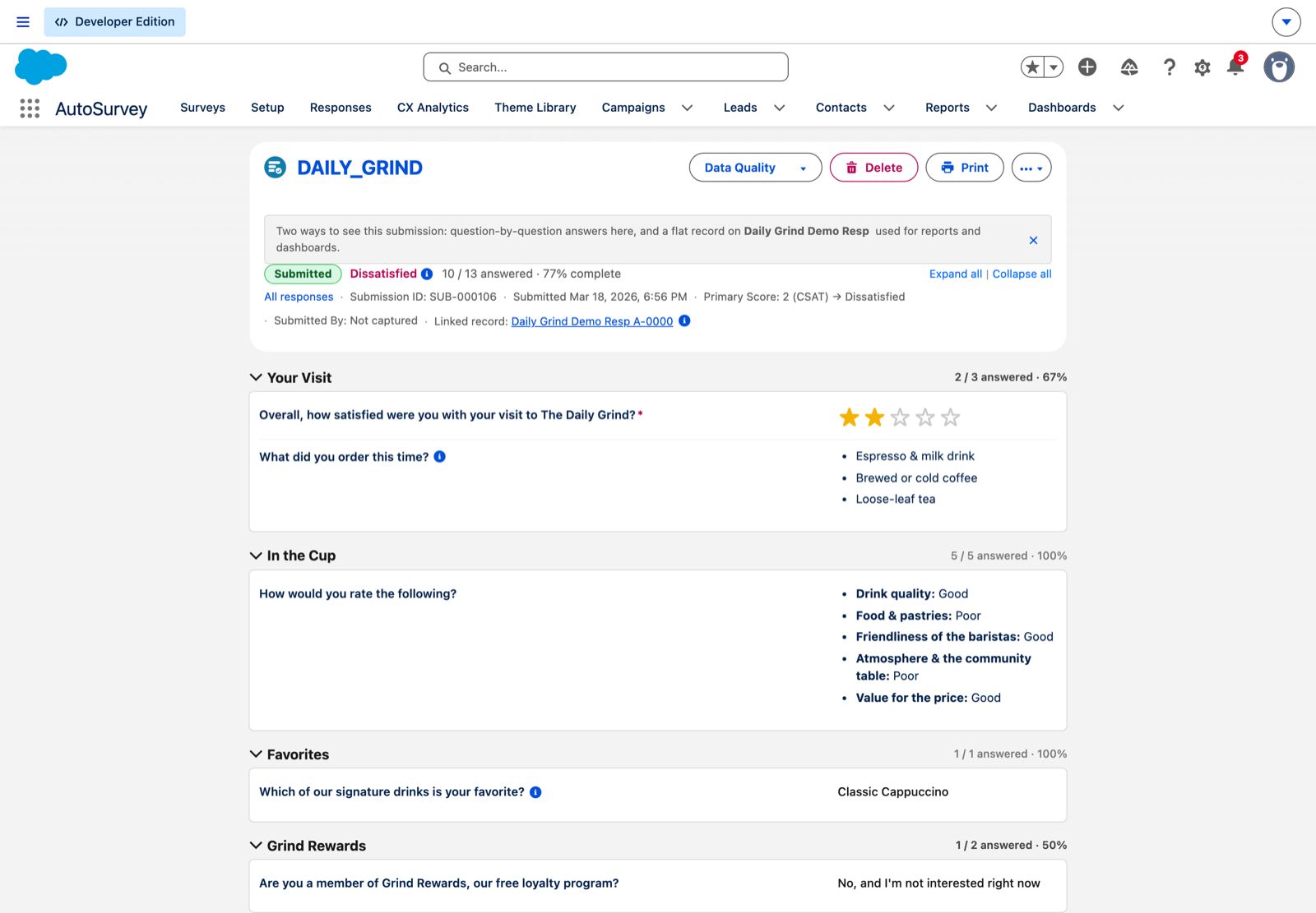 A Survey Submission record in Salesforce for the Daily Grind demo: Submitted, Dissatisfied, 2 of 5 stars, what the customer ordered, a rating grid, and a link to the flat Daily Grind Demo Resp record used for reports.