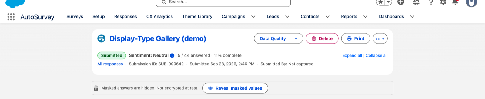 The header of a Survey Submission record in Salesforce for the display-type gallery: Submitted, sentiment Neutral, 5 of 44 answered, and a banner that says masked answers are hidden.