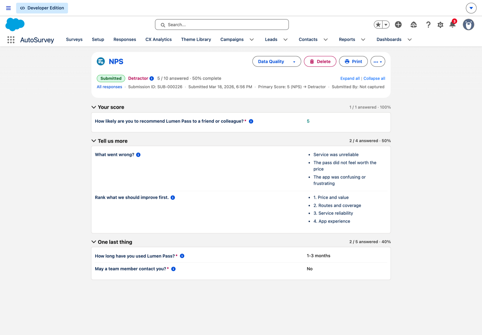 A Survey Submission record in Salesforce for the NPS demo: Submitted, Detractor, primary score 5, with the reasons the customer chose and the improvements they ranked.