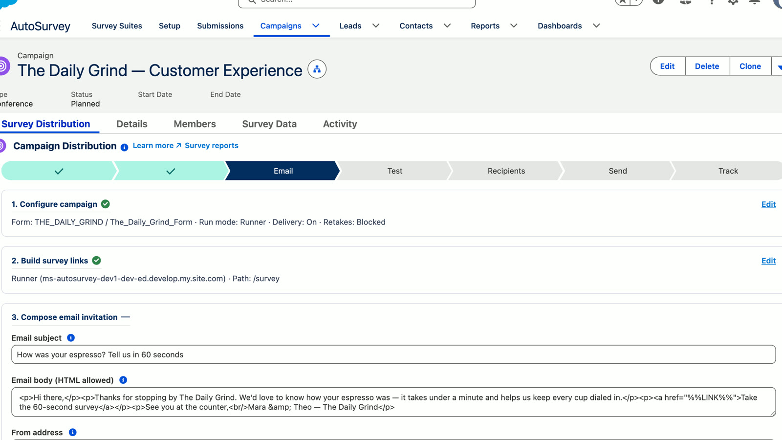 Preview: sending the Daily Grind survey to a Salesforce Campaign — unique per-member links, an email invitation, and responses tracked back to each member