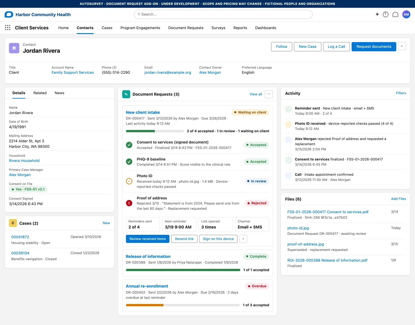 A Contact record in Salesforce with a Document Requests panel, a checklist of four items, a progress roll-up, reminder counts and an activity feed.