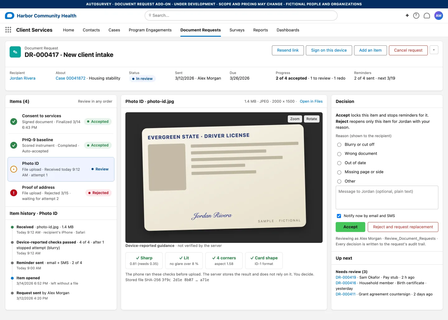 The staff review page in Salesforce with the item list, a preview of a sample driver licence marked fictional, device-reported guidance, and an Accept or Reject panel with reasons.