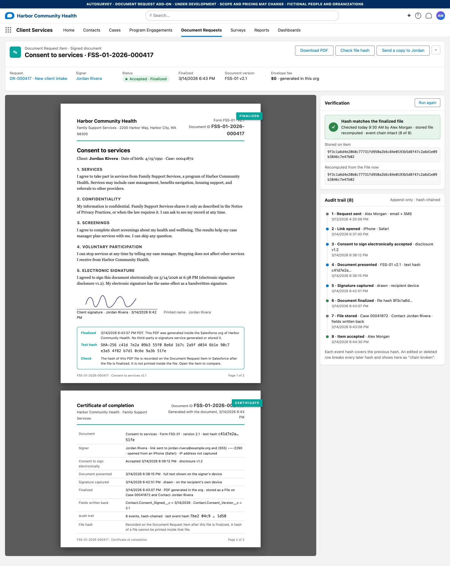 A finalized consent PDF with a certificate of completion page, a verification panel comparing the stored and recomputed file hash, and an eight-step signing log.