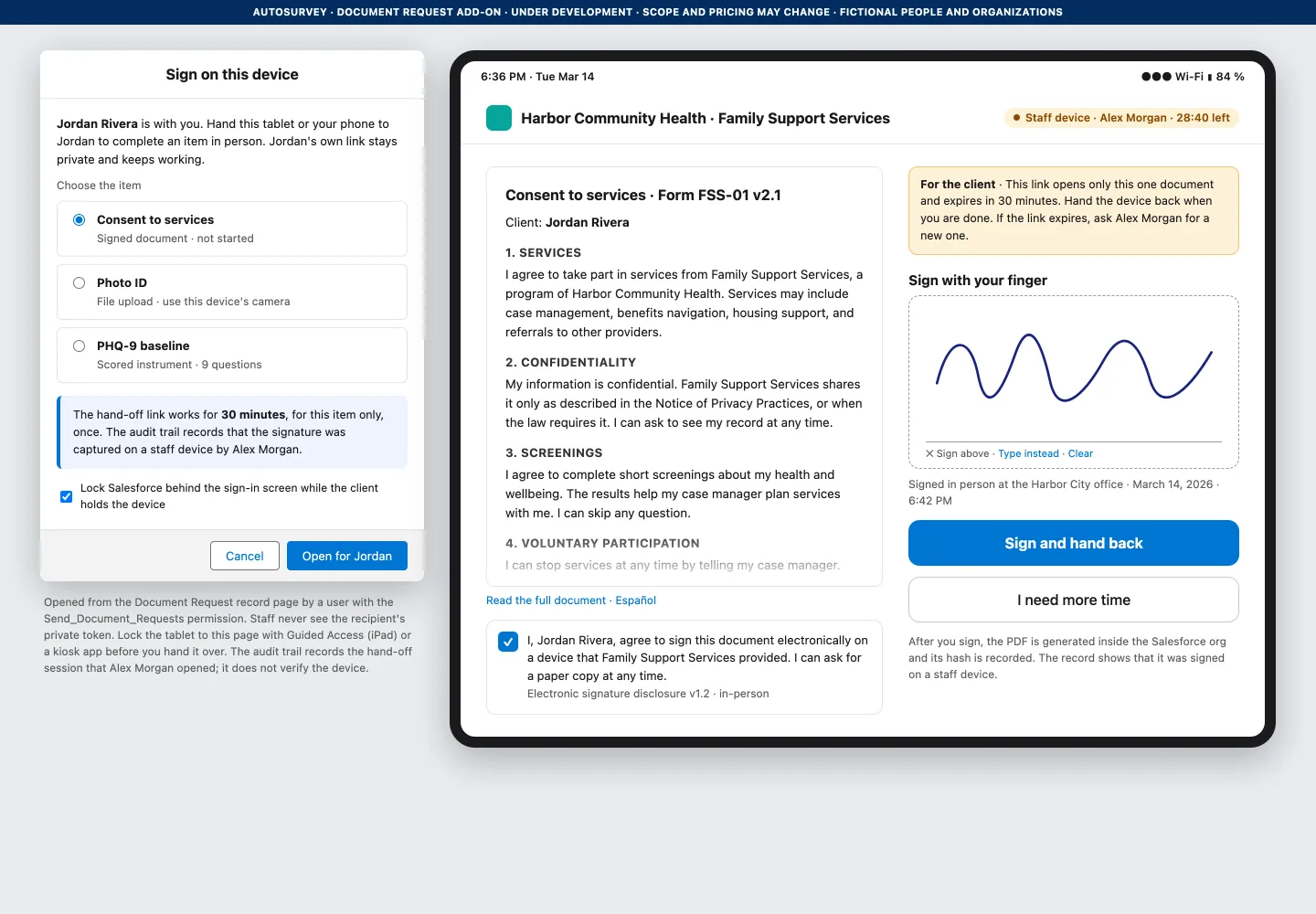 The Sign on this device dialog in Salesforce next to a tablet showing the consent text, the electronic signature disclosure and the signature pad with a 30-minute timer.