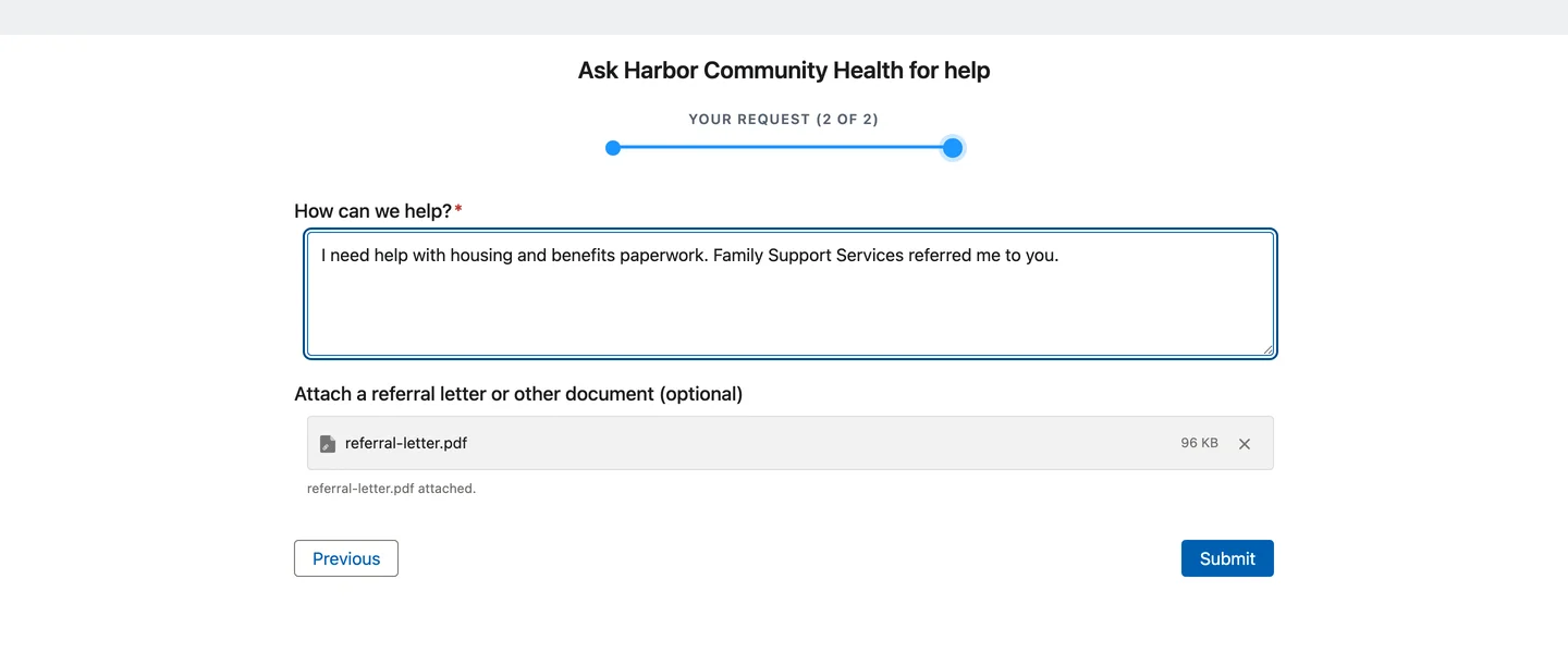 A person answers a public form on your site and attaches a referral letter