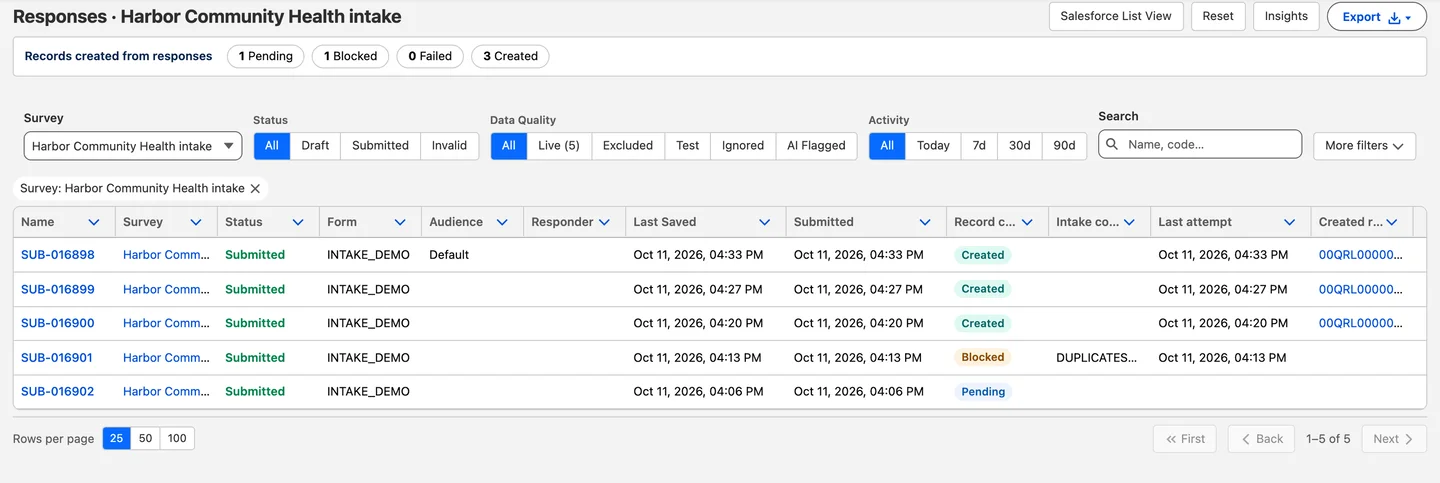 Each response shows if it created a record, or if it is pending, blocked by a duplicate rule or failed