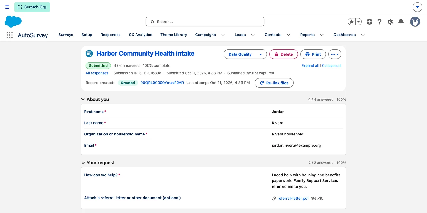 The response shows the record it created, and Re-link files for the uploaded documents