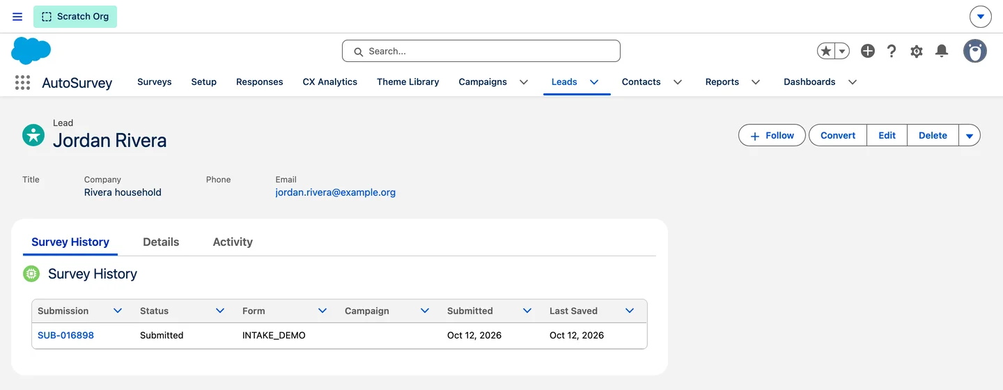 The new Lead holds the mapped answers, and its survey history links back to the response