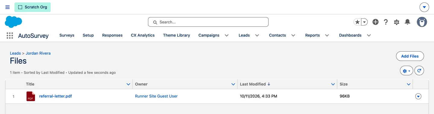 The uploaded referral letter is in the Files of the Lead, visible to staff only
