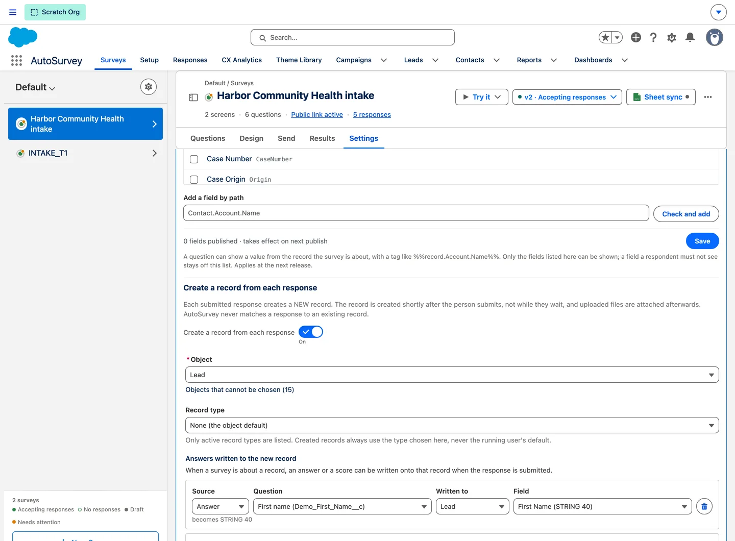 The admin turns the feature on, picks the object and the record type, and maps answers to fields