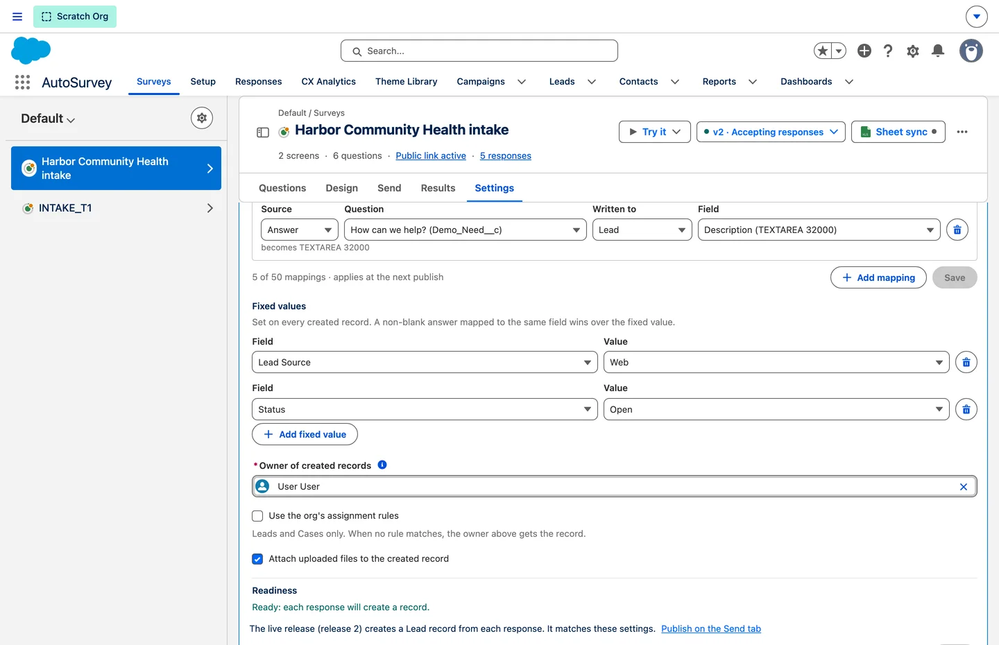 Fixed values, the owner, assignment rules and file attachment, with a readiness check