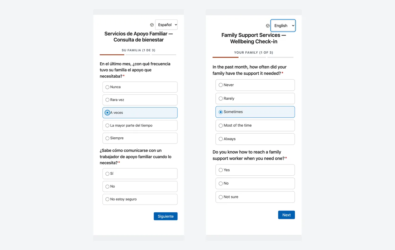 Two phone screens of the same survey question side by side. The left phone shows the question in Spanish with the choice A veces selected. The right phone shows the same question in English with the choice Sometimes selected. Each phone has a globe icon and a language list at the top.