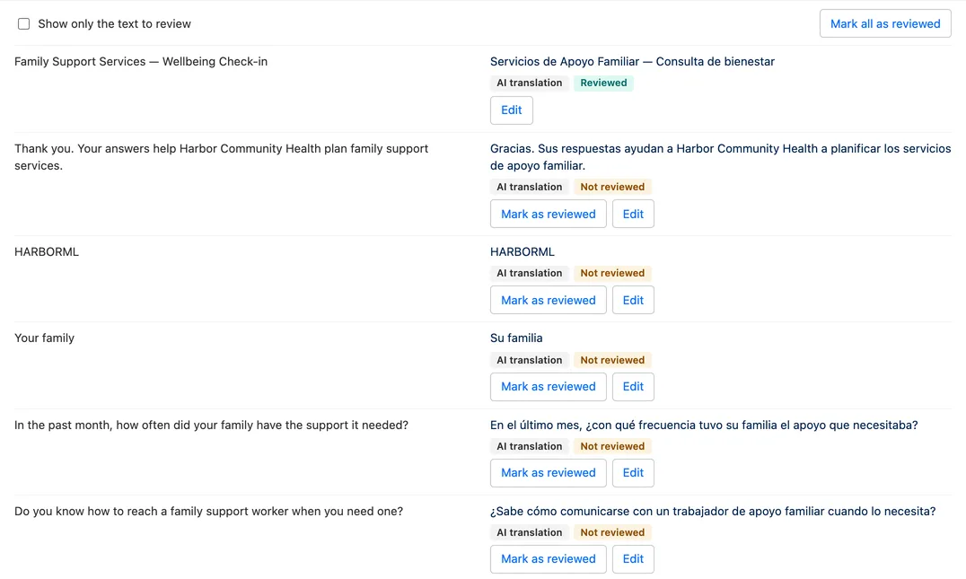 The translation review panel. The left column shows the English source text of each row. The right column shows the Spanish translation with two badges, AI translation and Not reviewed, and the buttons Mark as reviewed and Edit. The first row, the survey title, is marked Reviewed.