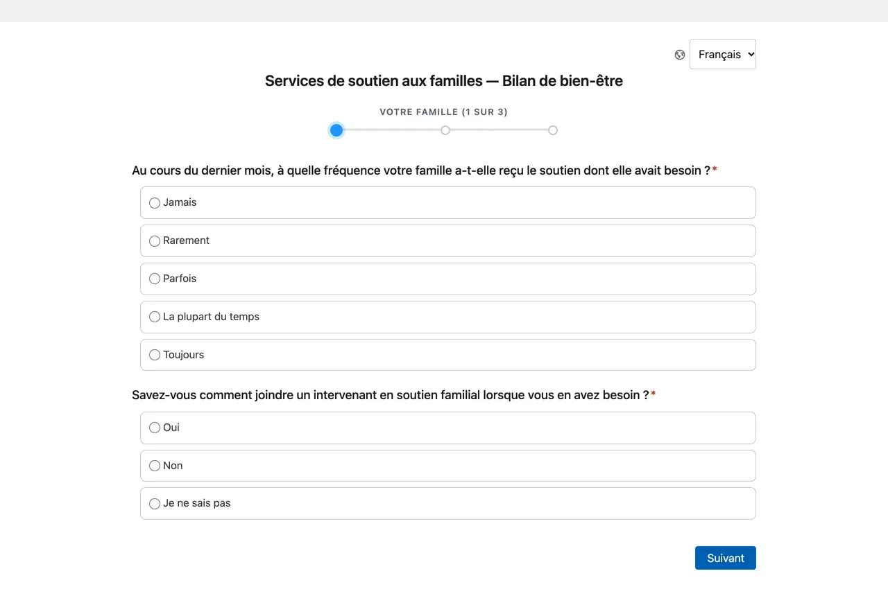 The survey on a desktop screen in French. A globe icon and a language list set to Français at the top right. The title Services de soutien aux familles, Bilan de bien-être. A progress bar. Two questions with their choices in French and a Suivant button.