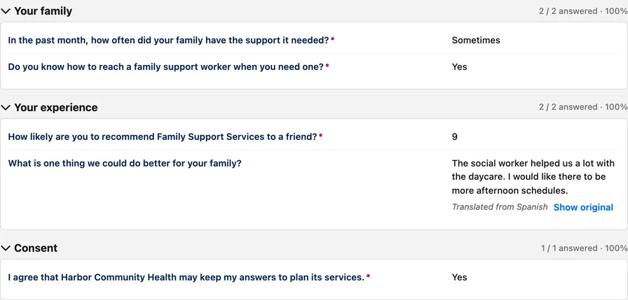The response viewer on a submission record. The free-text answer reads: The social worker helped us a lot with the daycare. I would like there to be more afternoon schedules. Under it, the note Translated from Spanish and a link Show original.