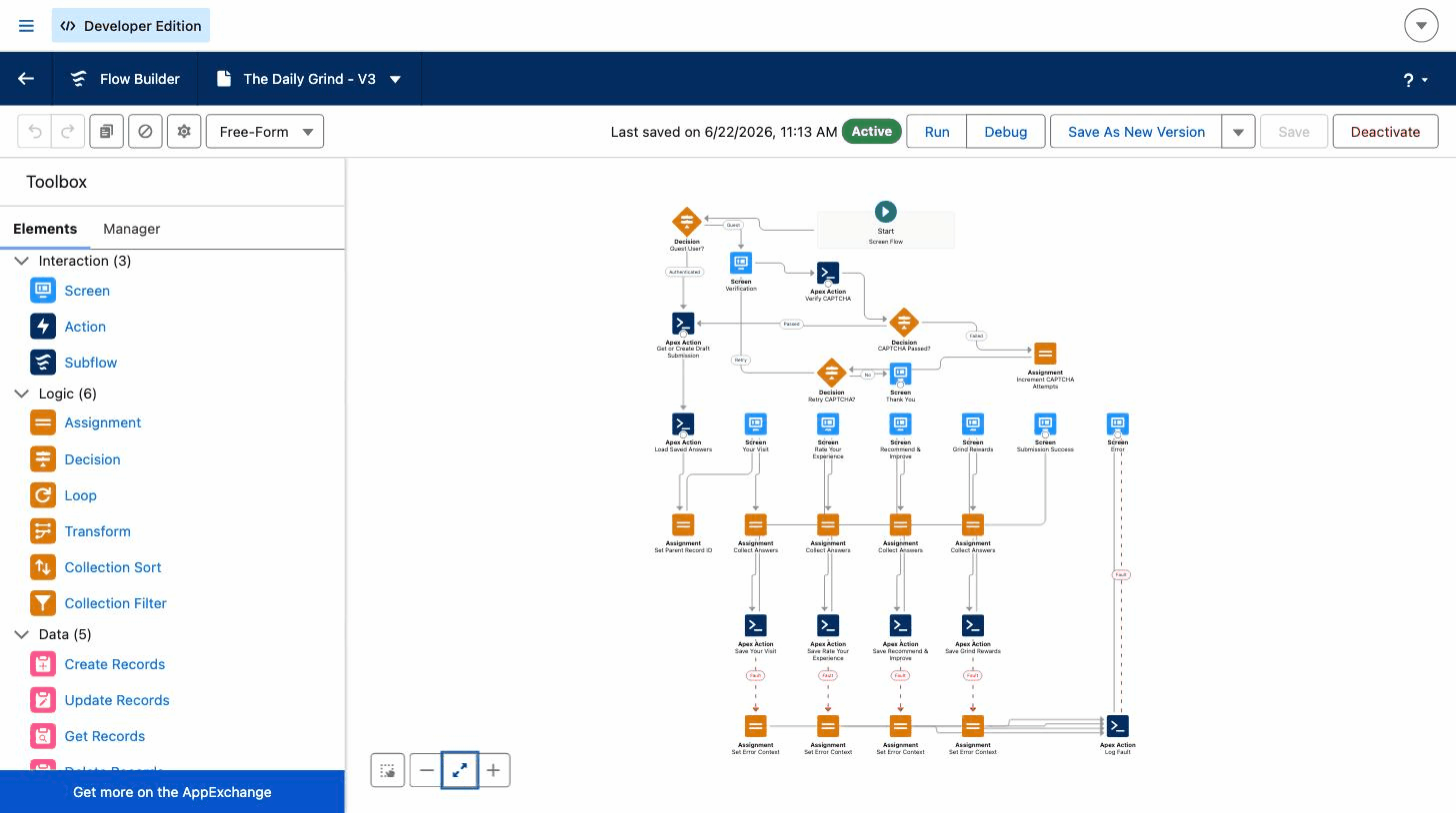 The generated survey open in Salesforce Flow Builder as a native, active Screen Flow