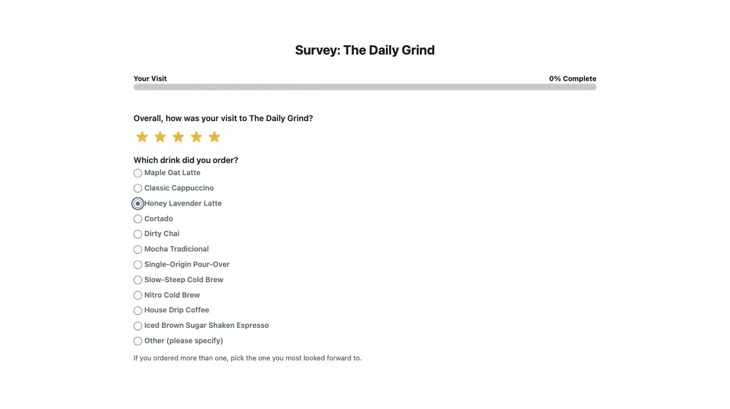 Preview: a survey generated from your website — the Daily Grind CSAT survey
