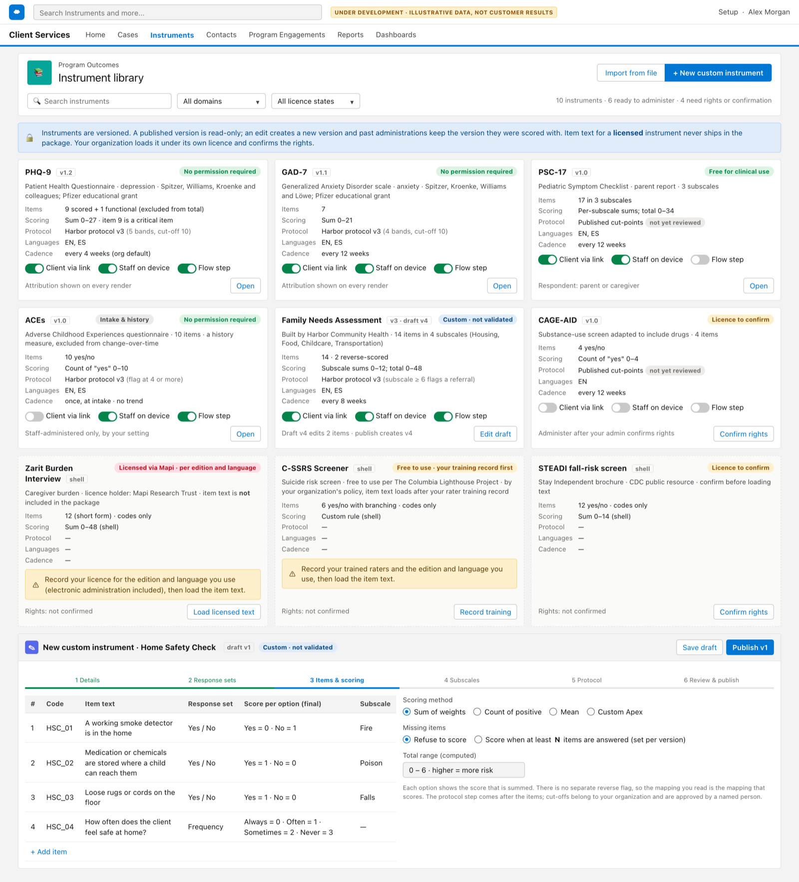 Proof-of-concept screen of the instrument library: cards for PHQ-9, GAD-7, PSC-17 and ACEs with a licence status, text-free shells for licensed instruments, and a custom-instrument builder with reverse-scored items. Illustrative data, fictional organization.
