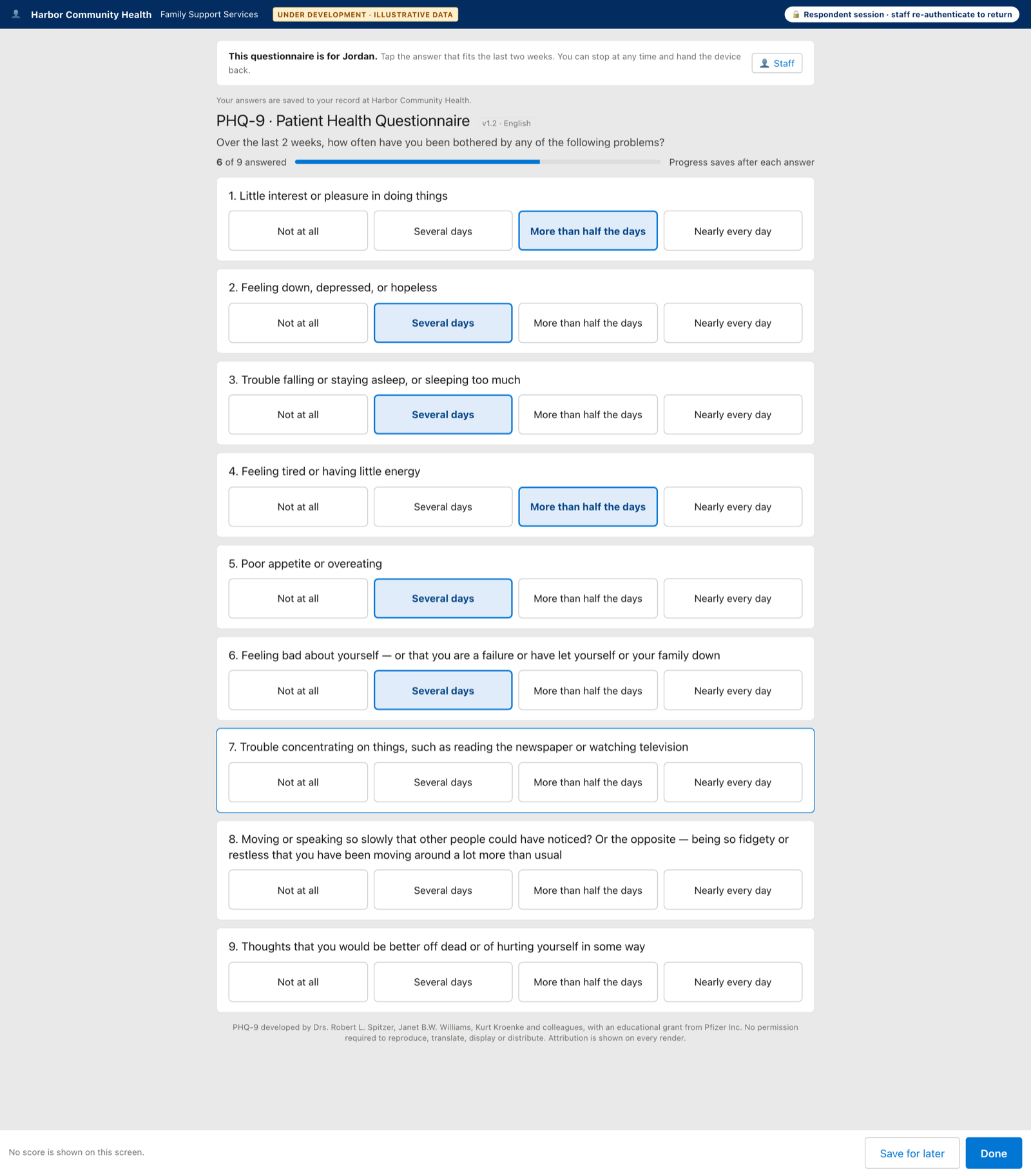 Proof-of-concept screen of an instrument on a tablet in a respondent session: the organization name, a note that staff re-authenticate to return, the PHQ-9 items with their developer attribution, and no score on the screen. Illustrative data, fictional organization.