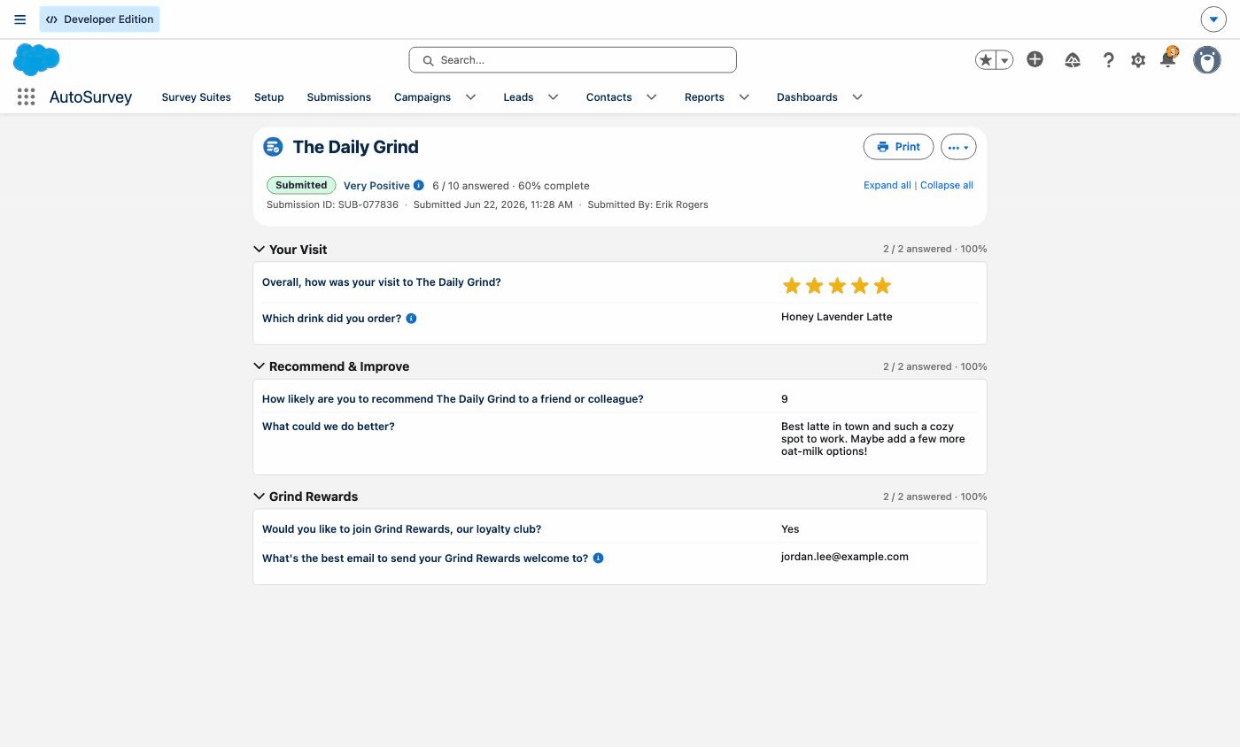 Survey responses saved as native Salesforce records — answers grouped by section