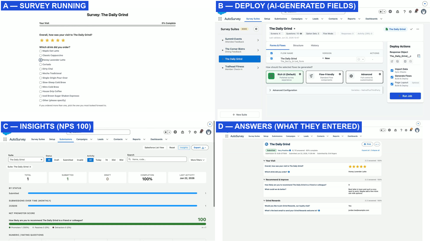 Preview: the full AutoSurvey flow — describe, deploy, take the survey, see results