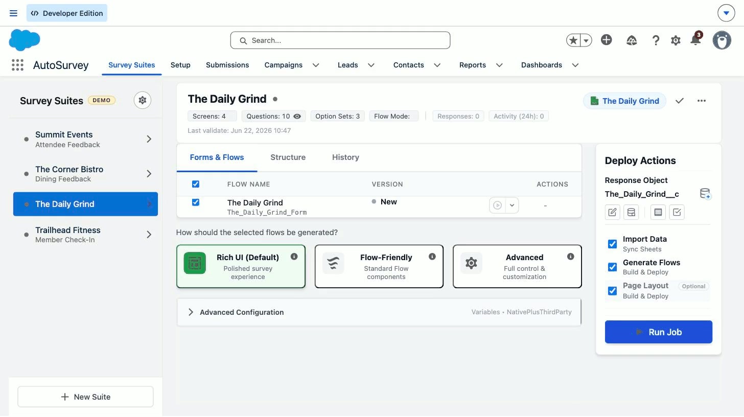 Preview: pick Rich, Flow-Friendly or Advanced generation, then open the Flow in Builder