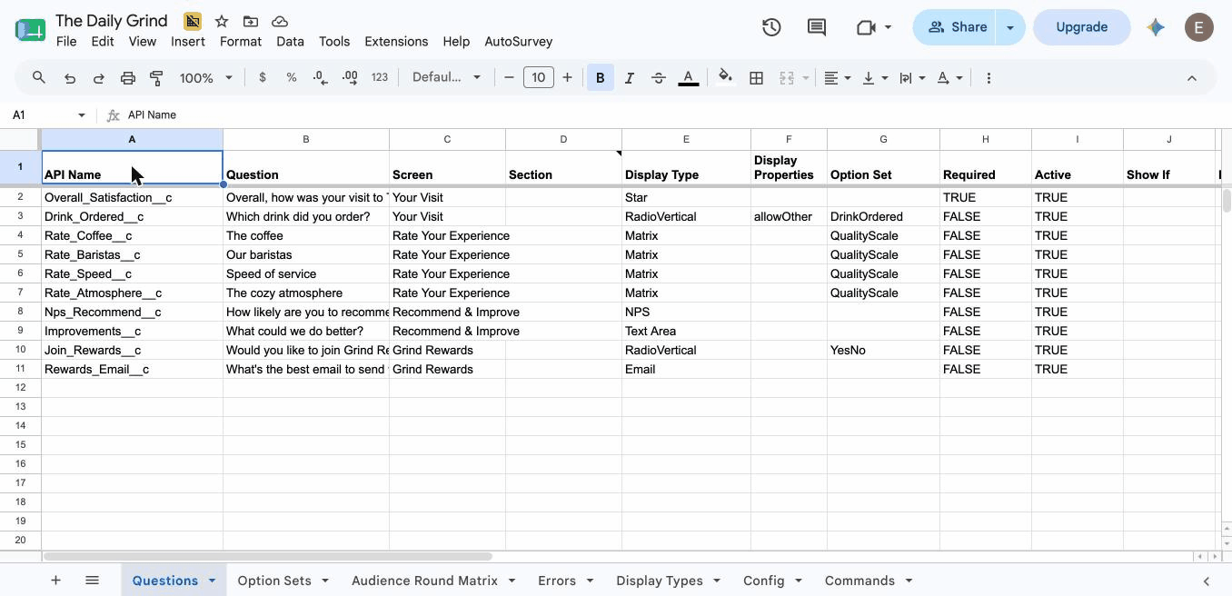 Preview: every question lands in an editable Google Sheet — tweak and redeploy