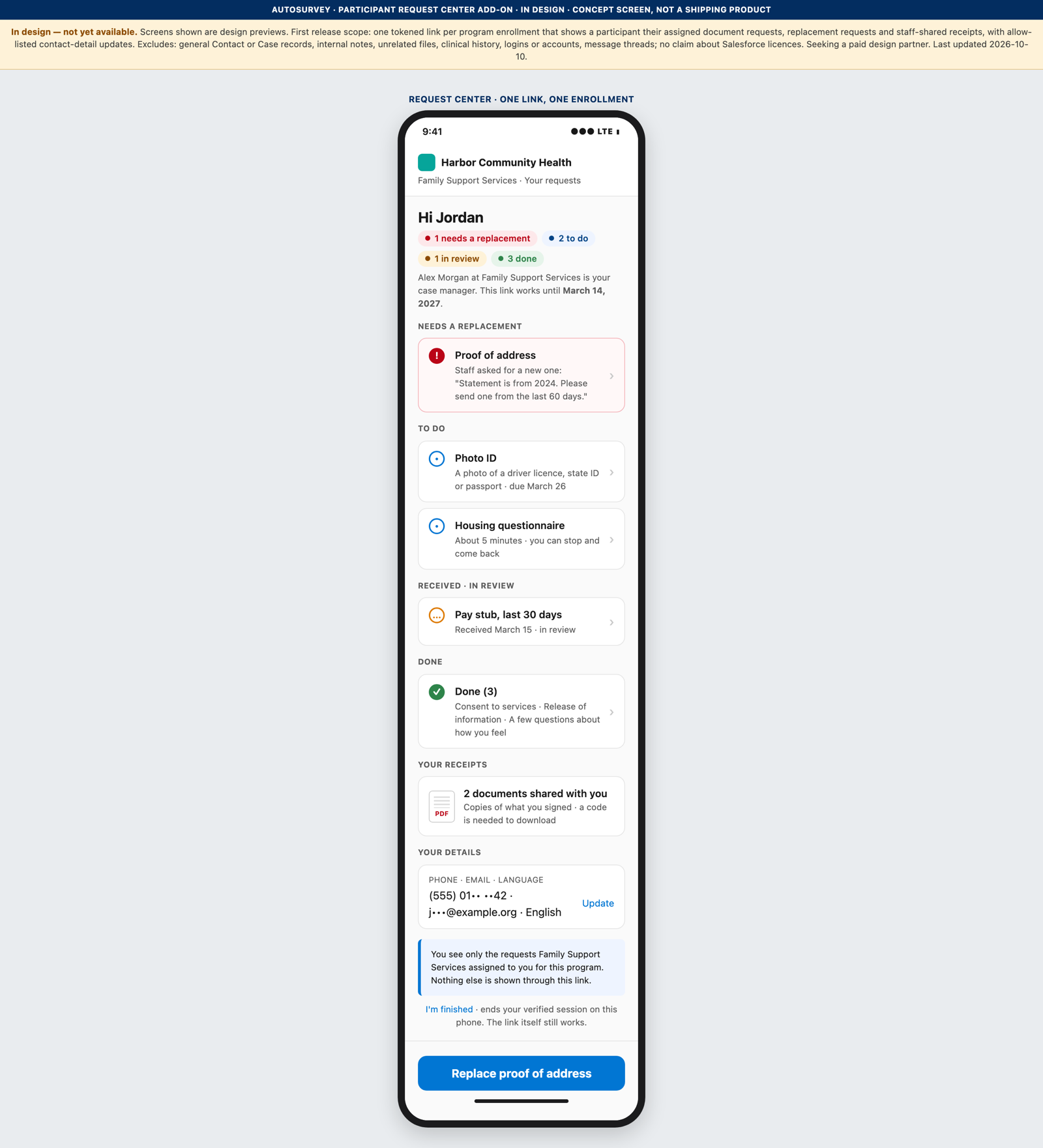 Design screen of a phone showing a participant's Request Center: a greeting, status pills for needs a replacement, to do, in review and done, grouped request items, a receipts card and a your-details card.