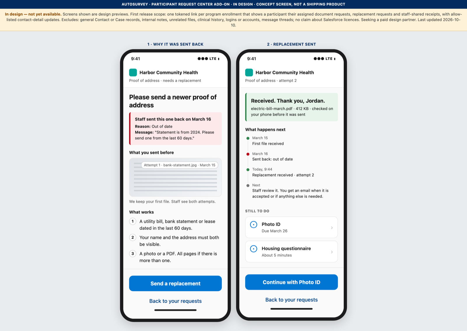 Design screen of two phone frames: a rejected proof-of-address item with the reason 'Out of date' and a send-a-replacement button, and the same item after attempt 2 was received, with the attempt history.