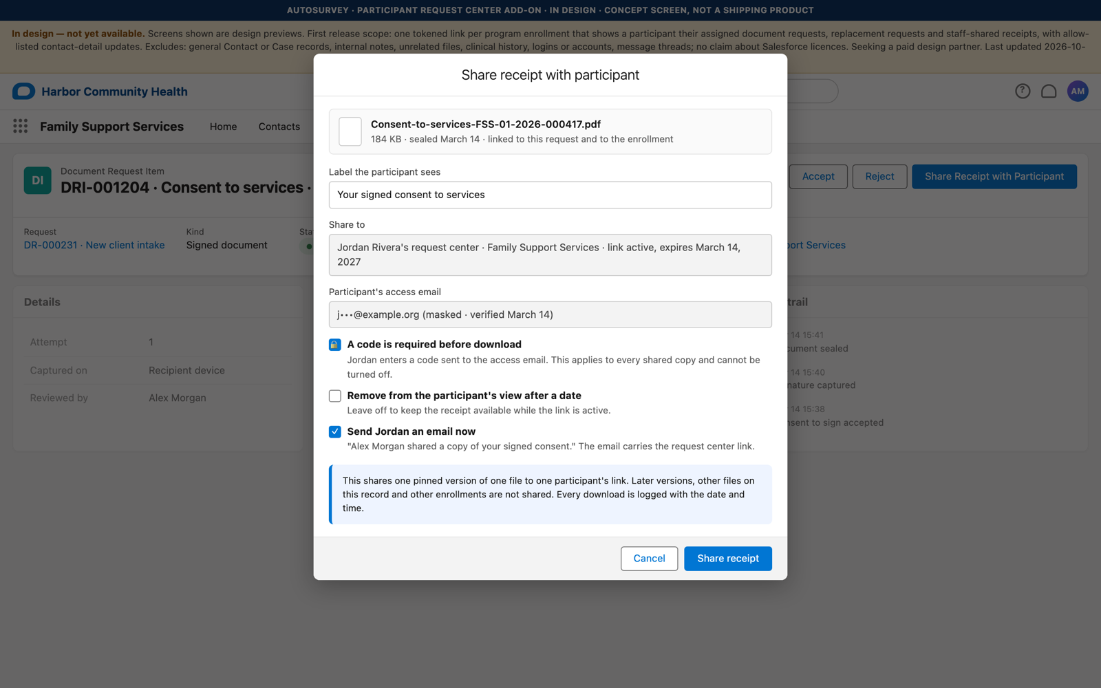 Design screen of a 'Share receipt with participant' dialog on a document request item: a label field, the share target, the masked access email, a require-code-before-download switch set on, an optional remove-after date, and a send-email switch.