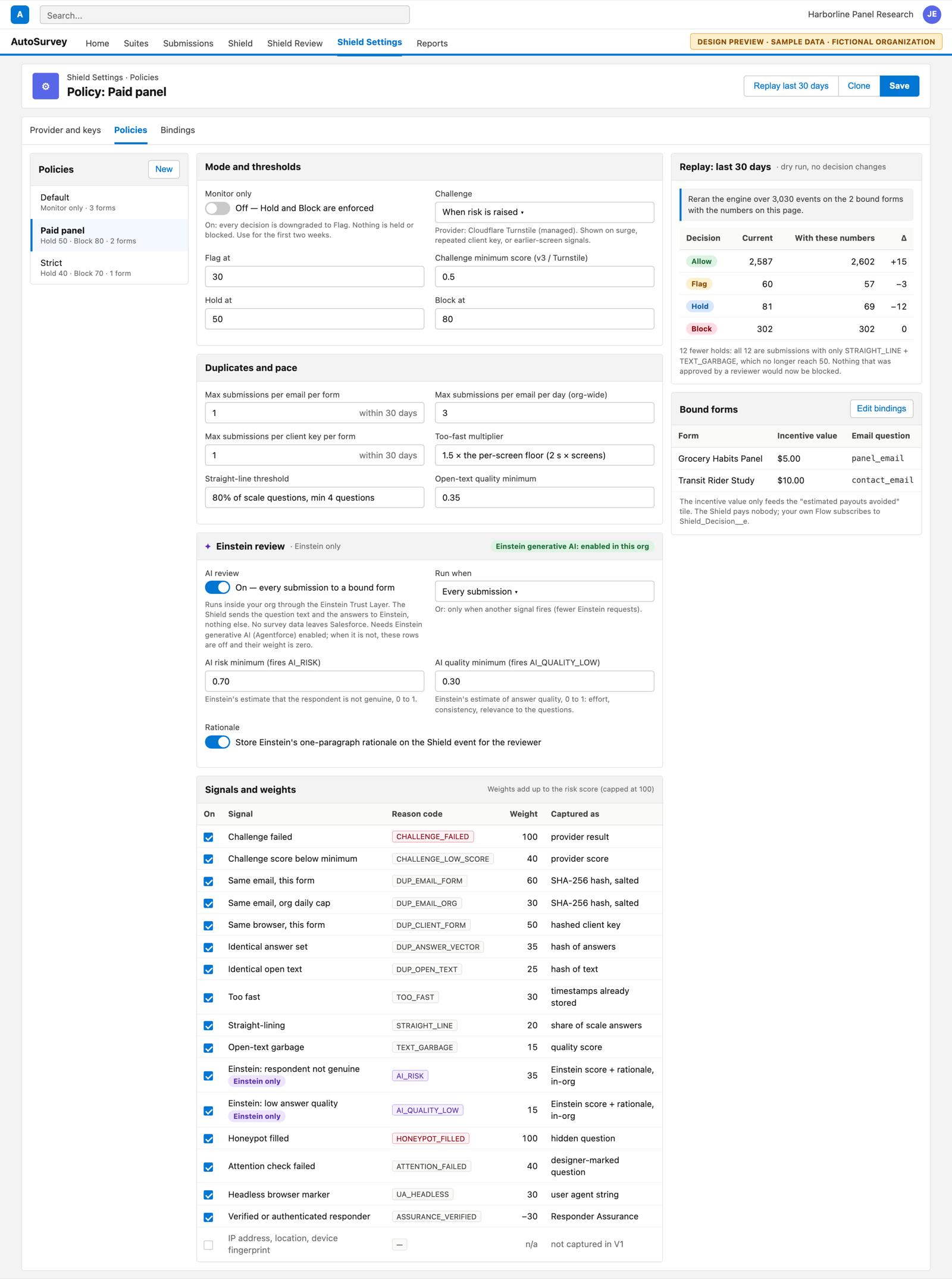 The policy configuration page: monitor-only switch, challenge provider and mode, thresholds for flag, hold and block, duplicate caps, an Einstein review section, a table of signals with weights, a replay dry-run table and the bound forms.