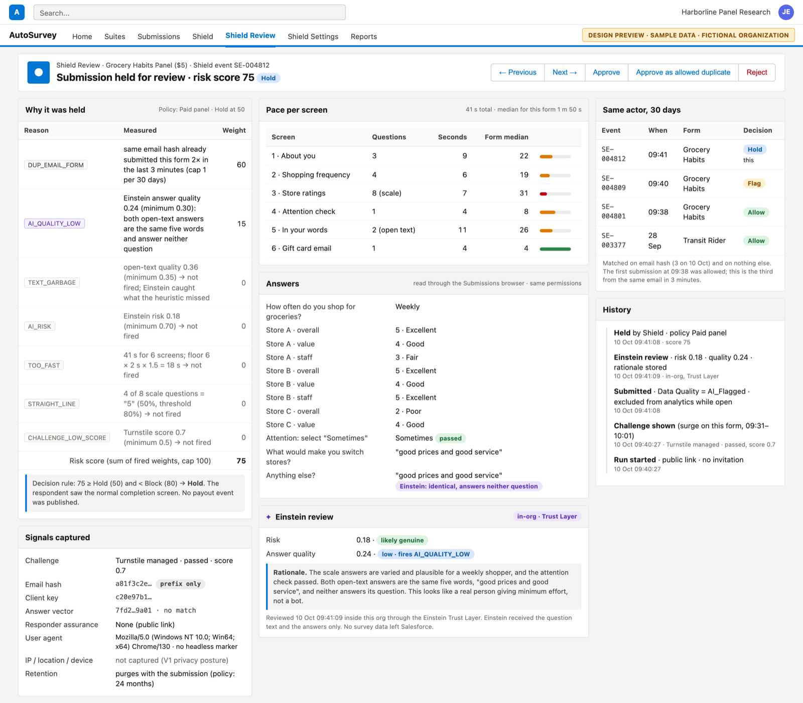 One held submission: the score and its reason codes with weights, an Einstein review card with risk and quality scores and a rationale, rules that did not fire, pace per screen against the form median, the answers, the same actor's history, and a list of signals captured that states IP, location and device are not captured.