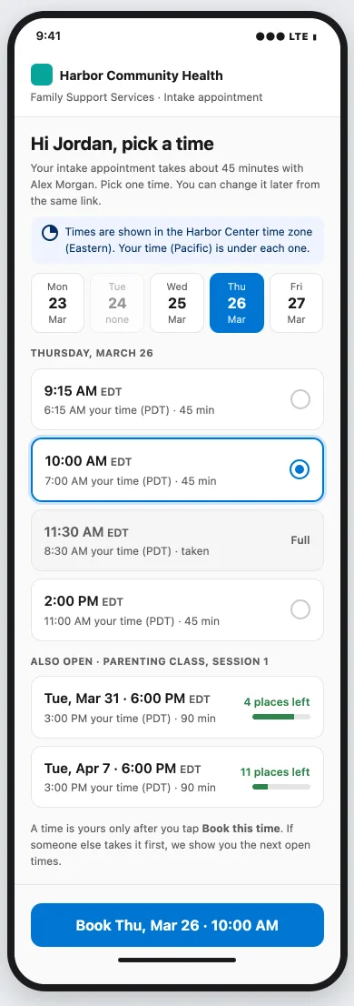 A phone showing a date strip, open appointment times in the program's Eastern time zone with the participant's Pacific time under each one, a class with four places left, and a Book button.