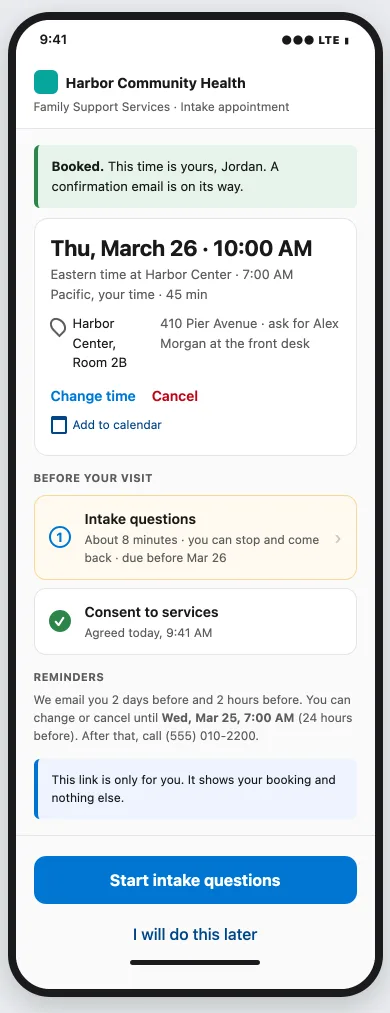 A phone showing a booking confirmation with the time in two zones, the room, Change time and Cancel links, an Add to calendar link, and an intake step still to do.