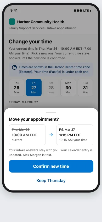 A phone showing a reschedule sheet with the current time struck through, the new time beside it, and a Confirm move button.