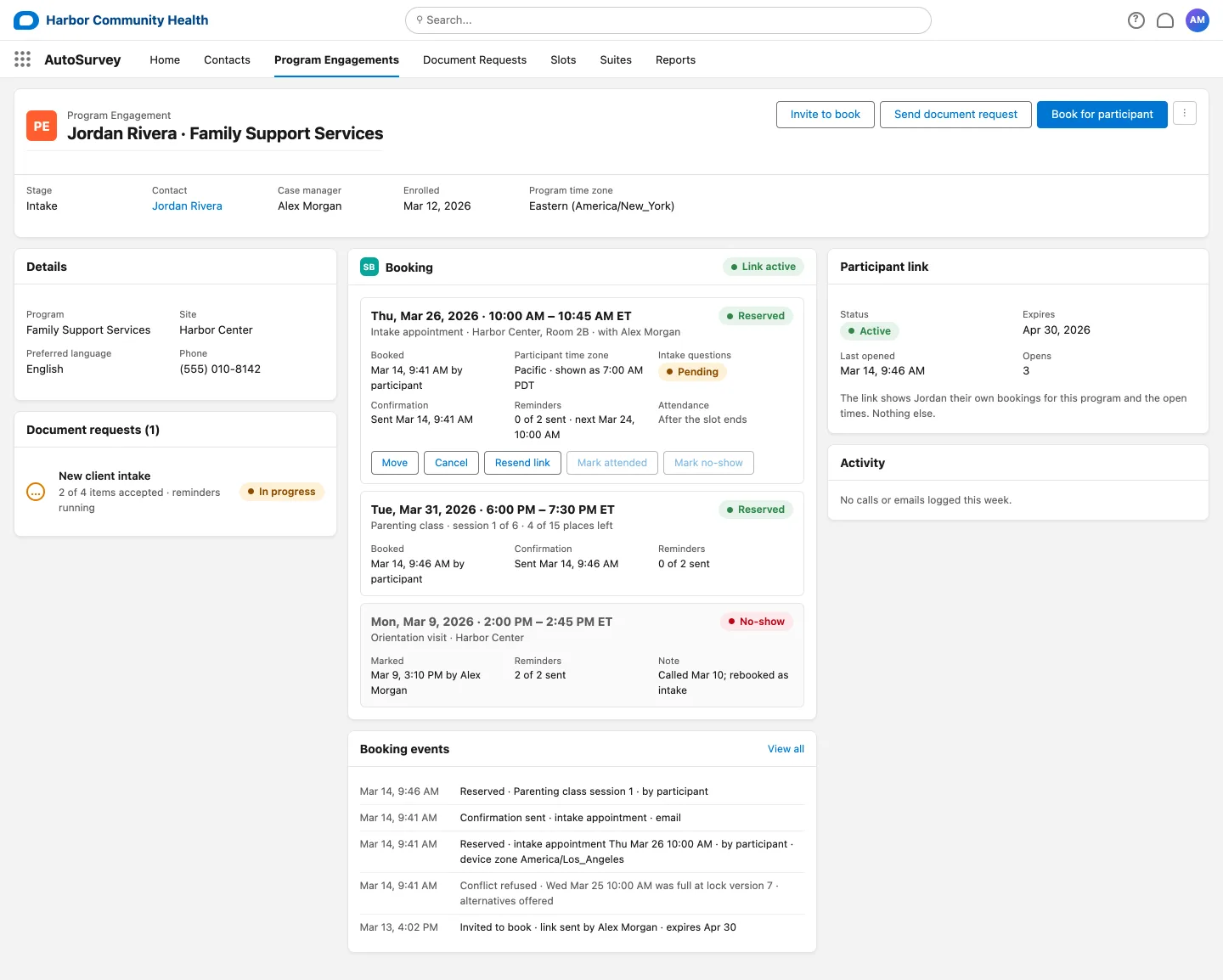 A Program Engagement record in Salesforce with a Booking panel listing reservations, their status, intake status, notices sent, attendance, staff action buttons, and an event list.