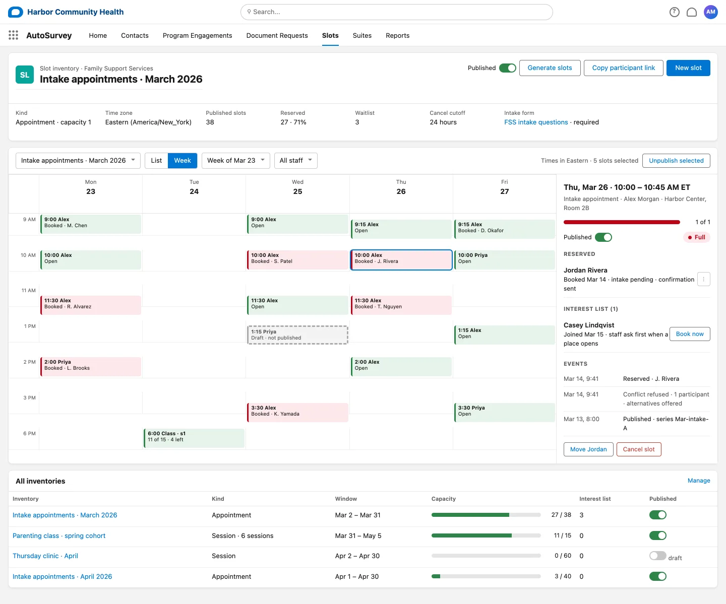 A Salesforce Slots view with a week grid of appointment and class times, places booked and left, publish toggles, a draft time, and a side drawer listing who is booked and the interest list for one time.