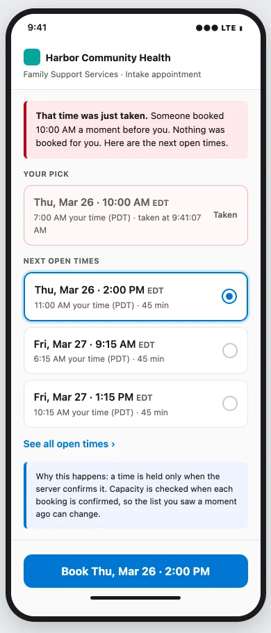 A phone showing that the chosen time was taken a moment earlier, that nothing was booked, and three other open times with one Book button each.