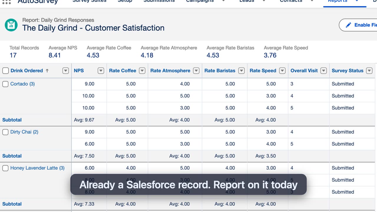 Preview: an AutoSurvey report in Salesforce showing per-drink satisfaction scores